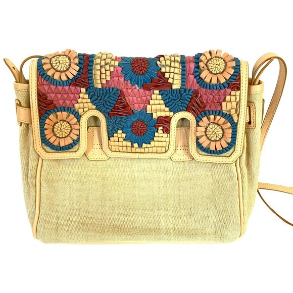 Sam Edelman Handbags - Sam Edelman Sylvia Leather Jute Cotton Blend Shoulder Bag Flowers Floral Tan